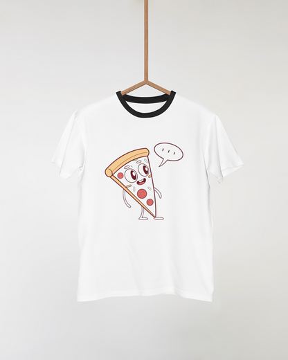 T-shirt avec une tranche de pizza souriante en illustration vectorielle colorée