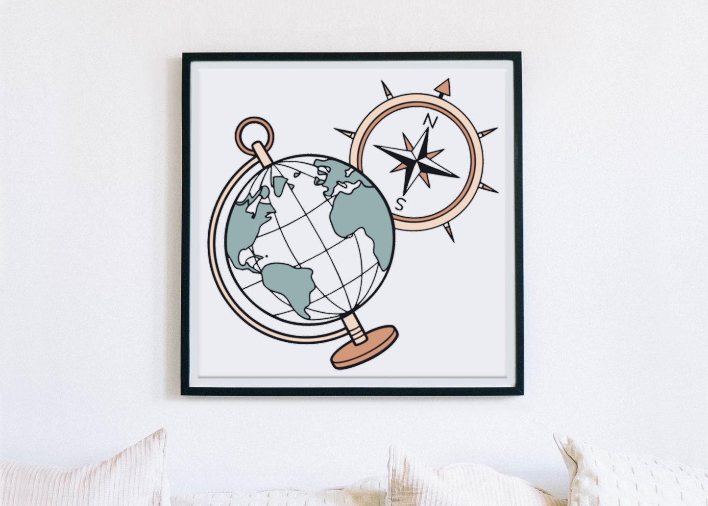 Cadre décoratif avec dessin vectoriel globe et boussole évoquant l'aventure
