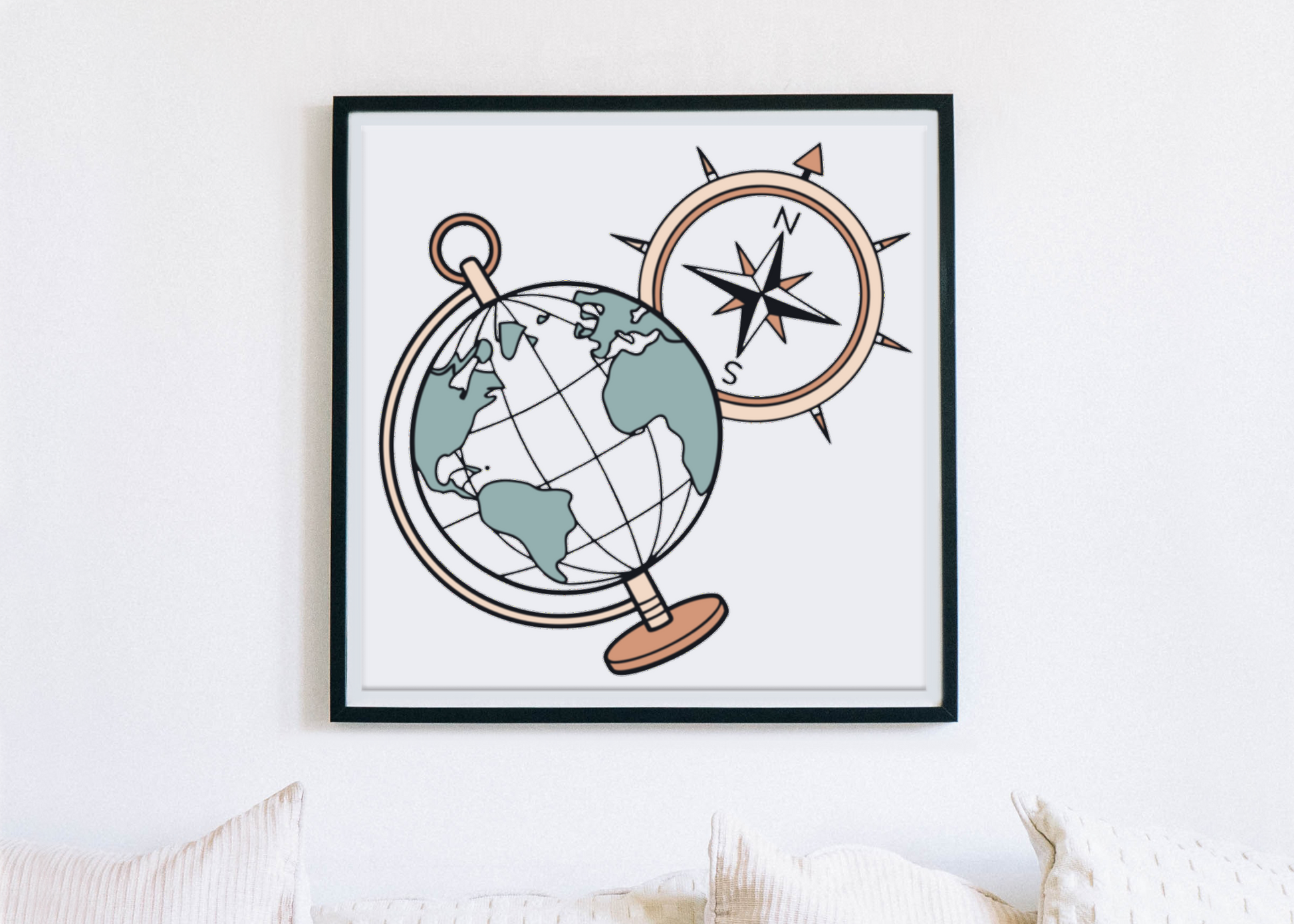 Cadre décoratif avec dessin vectoriel globe et boussole évoquant l'aventure