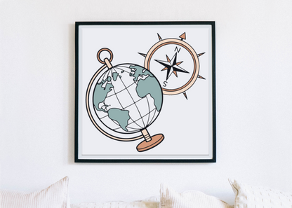 Cadre décoratif avec dessin vectoriel globe et boussole évoquant l'aventure