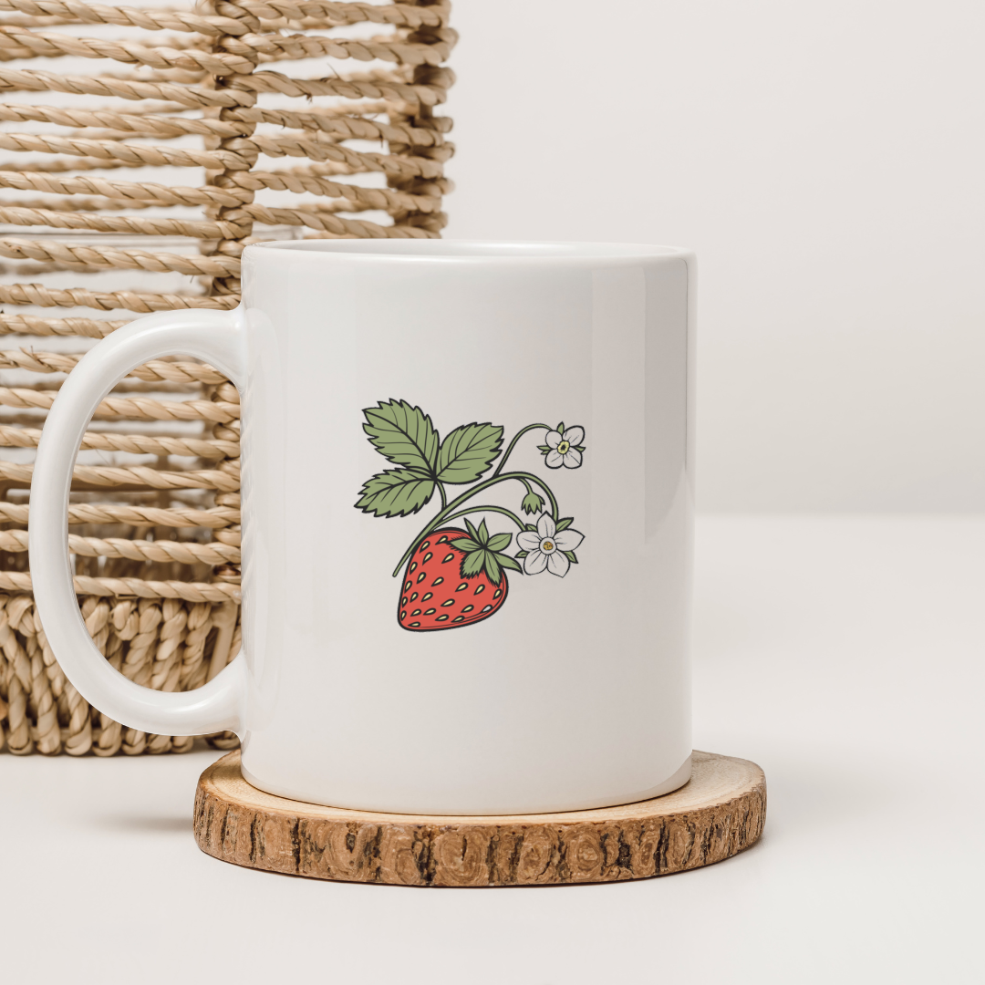 Mug avec fraises juteuses et fleurs, style vintage, thème nature et design vectoriel