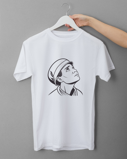 T-shirt artistique avec un personnage contemplatif dans un style dessiné moderne