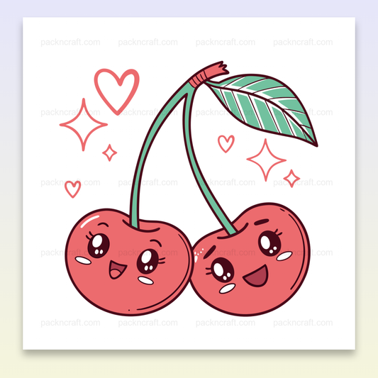 Illustration kawaii de cerises joyeuses, idéale pour décoration et projets créatifs.