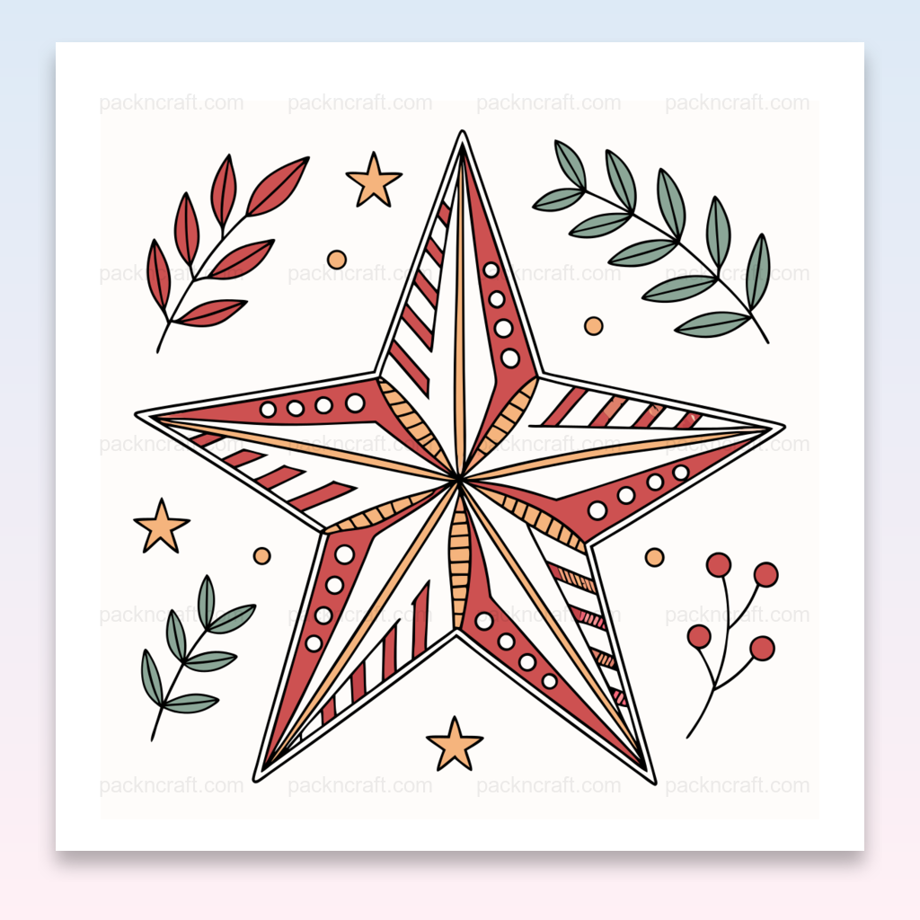 Illustration d'une étoile festive avec motifs feuillus, parfait pour les décorations de Noël et projets créatifs.