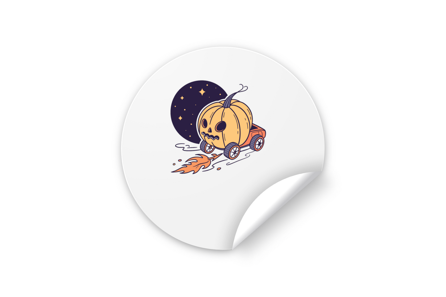 Sticker avec une citrouille fusée en mouvement sur fond blanc pour un thème Halloween