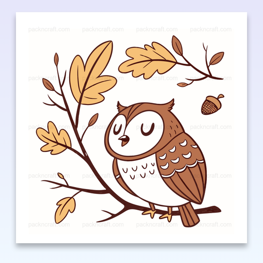 Chouette paisible sur branche avec feuilles automnales, idéale pour projets DIY et décoratifs.