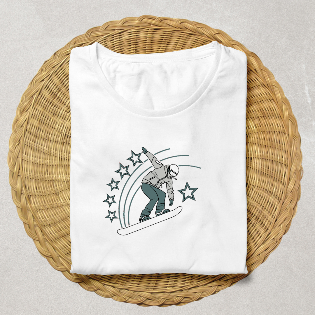 T-shirt illustré hiver, snowboardeur joyeux en style dessin sportif