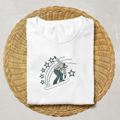 T-shirt illustré hiver, snowboardeur joyeux en style dessin sportif