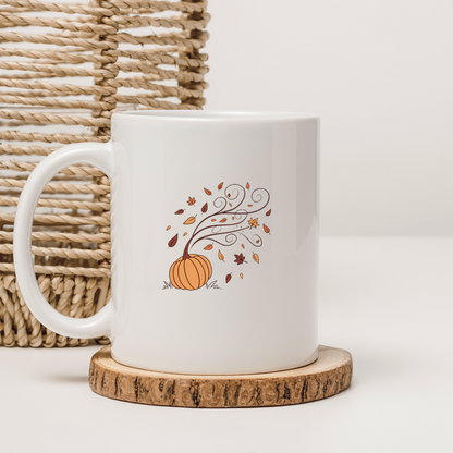 Mug automnal décoré d'une citrouille magique et feuilles virevoltantes