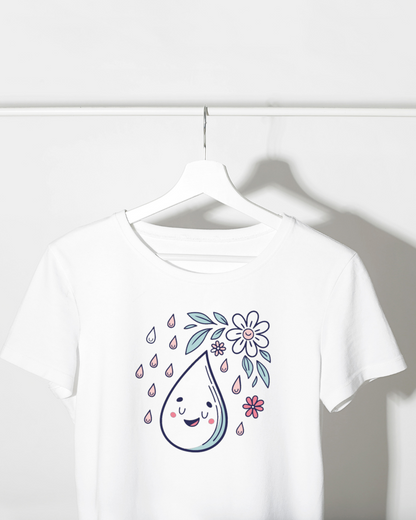 T-shirt moderne avec goutte souriante pastel sous une pluie printanière colorée