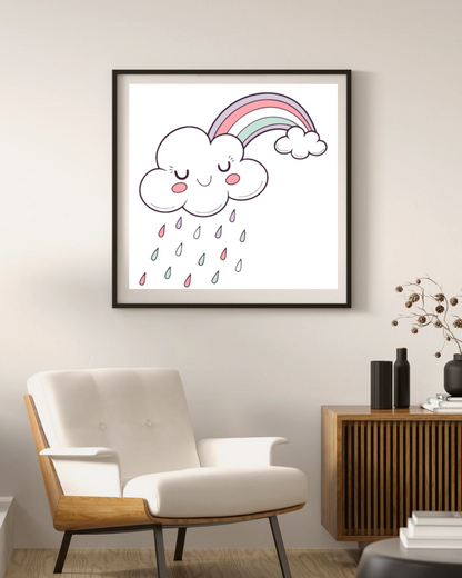 Cadre décoratif avec nuage joyeux et arc-en-ciel pastel, style kawaii enchanteur