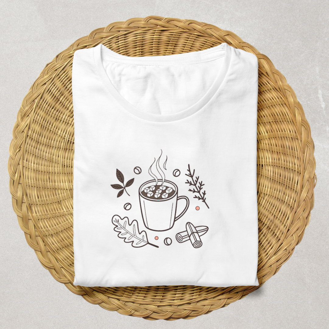 T-shirt automne au design minimaliste avec tasse de chocolat fumant