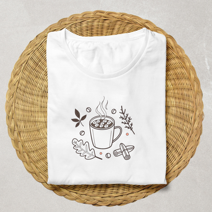 T-shirt automne au design minimaliste avec tasse de chocolat fumant