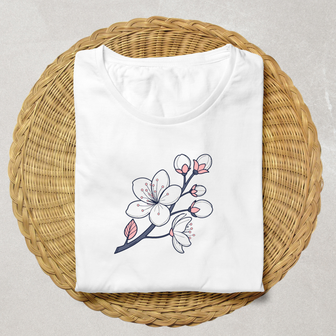 T-shirt décoré avec fleur de cerisier élégante dans un style botanique moderne