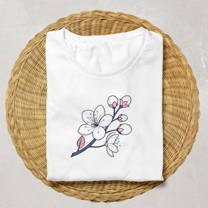T-shirt décoré avec fleur de cerisier élégante dans un style botanique moderne