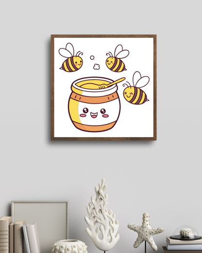 Cadre décoratif avec des abeilles joyeuses autour d'un pot de miel en style kawaii