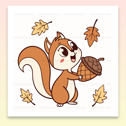 Illustration d'un écureuil tenant un gland en automne, dessin vectoriel idéal pour déco et projets DIY.