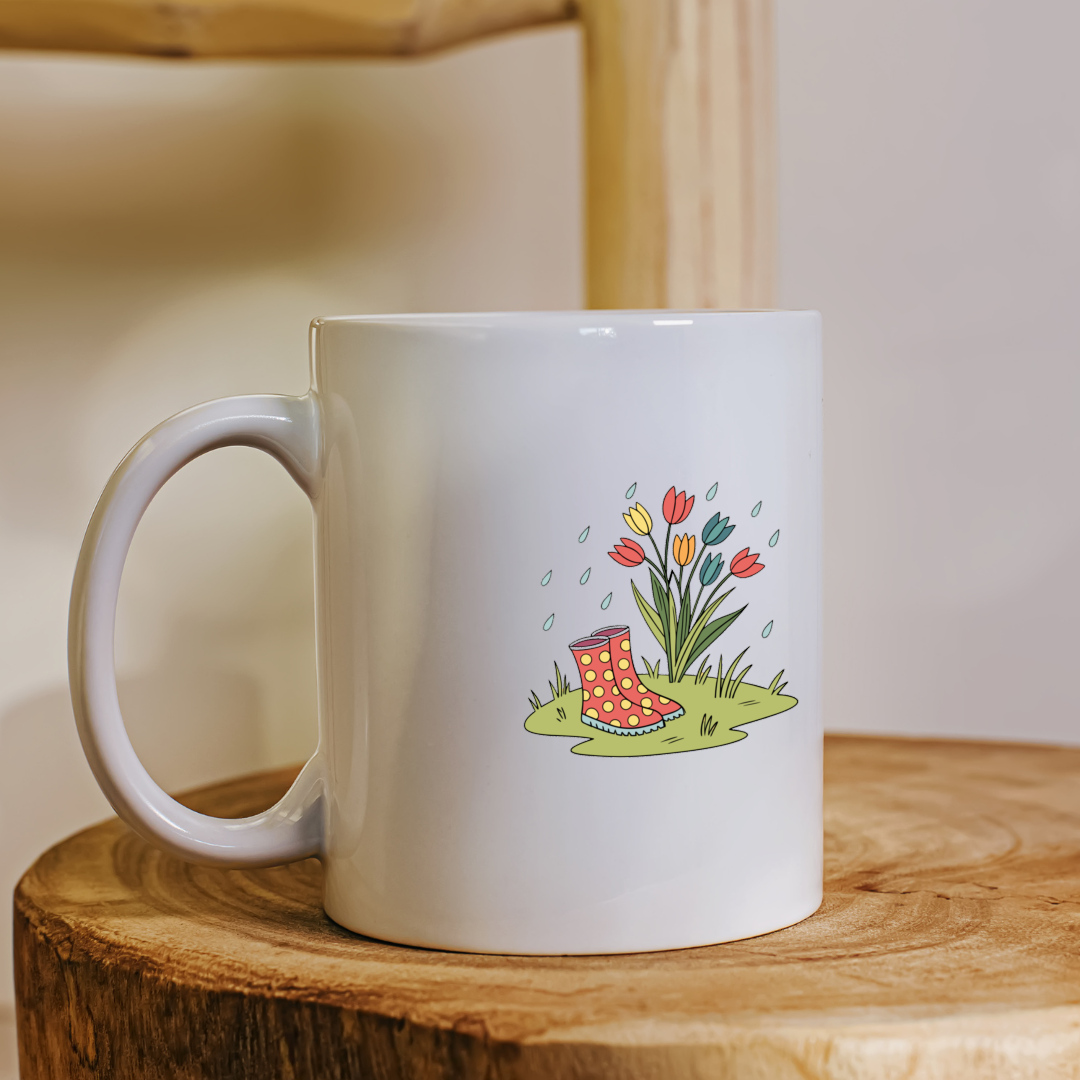 Mug avec motif coloré de bottes fleuries sous une pluie printanière
