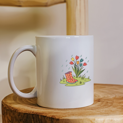 Mug avec motif coloré de bottes fleuries sous une pluie printanière