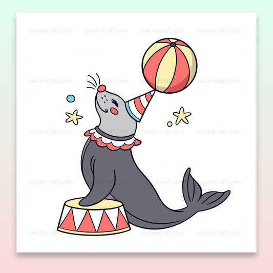 Illustration de phoque jongleur festif en style cirque, idéal pour décoration ou papeterie