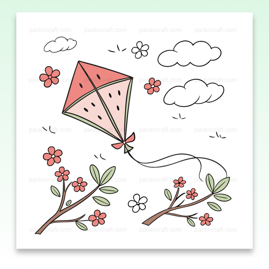 Cerf-volant pastèque en vol avec des fleurs et nuages, design estival et joyeux.