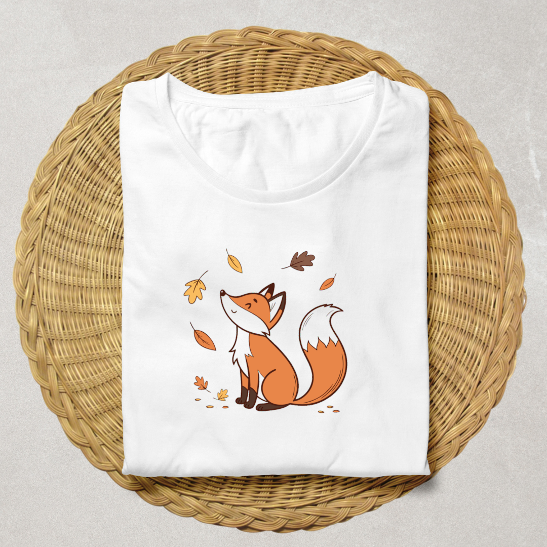 T-shirt automnal décoré d'un renard joyeux niché parmi des feuilles colorées