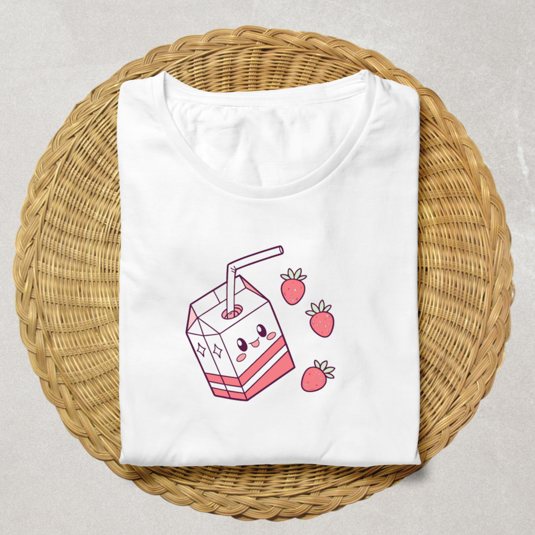 T-shirt avec imprimé kawaii, boîte à jus de fraises, style unique.