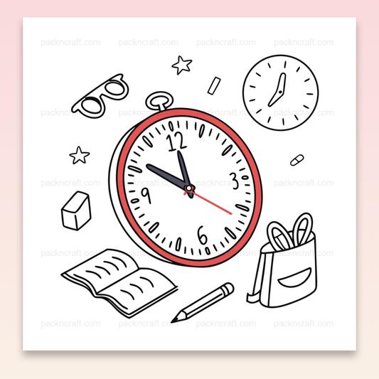 Illustration vectorielle d'un réveil académique avec éléments de bureau pour usage scolaire et créatif.