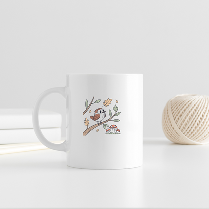 Mug orné d'un dessin d'oiseau sur branche dans un style doodle automnal