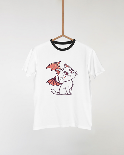 T-shirt blanc avec chat ailé espiègle au style kawaii et fantastique
