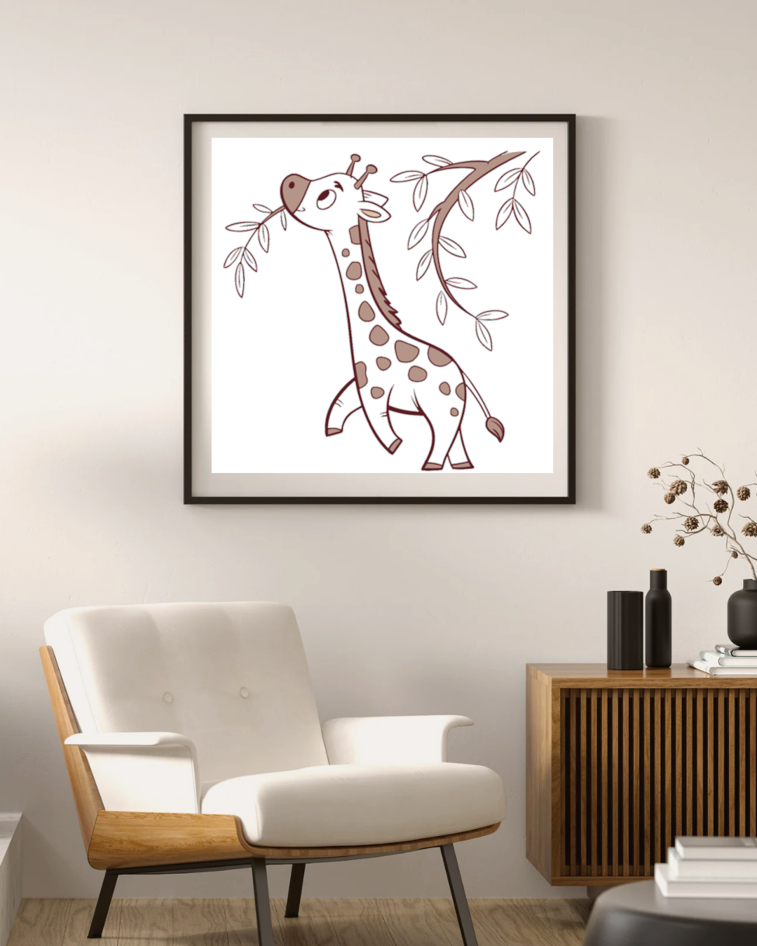Cadre avec girafe pastel sur fond nature, décor sobre et apaisant
