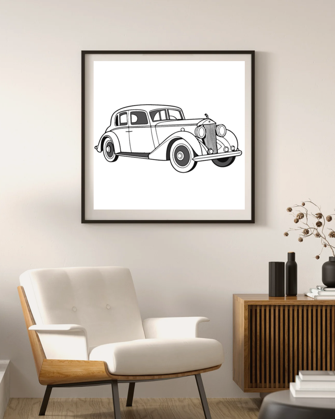 Cadre décoratif de voiture vintage Rolls-Royce, parfait pour un intérieur chic.