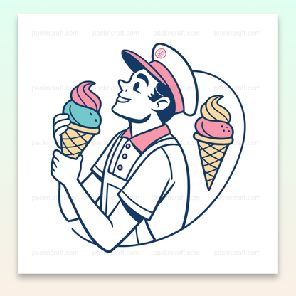 Illustration vintage d'un vendeur de glaces joyeux, parfait pour l'été., Image stylisée de vendeur de glaces, encadrée pour usage décoratif., Sticker design de vendeur de glaces, idéal pour personnaliser., Mug design featuring happy ice cream vendor, elegant kitchen decor., T-shirt design de vendeur de glaces pour une touche estivale.