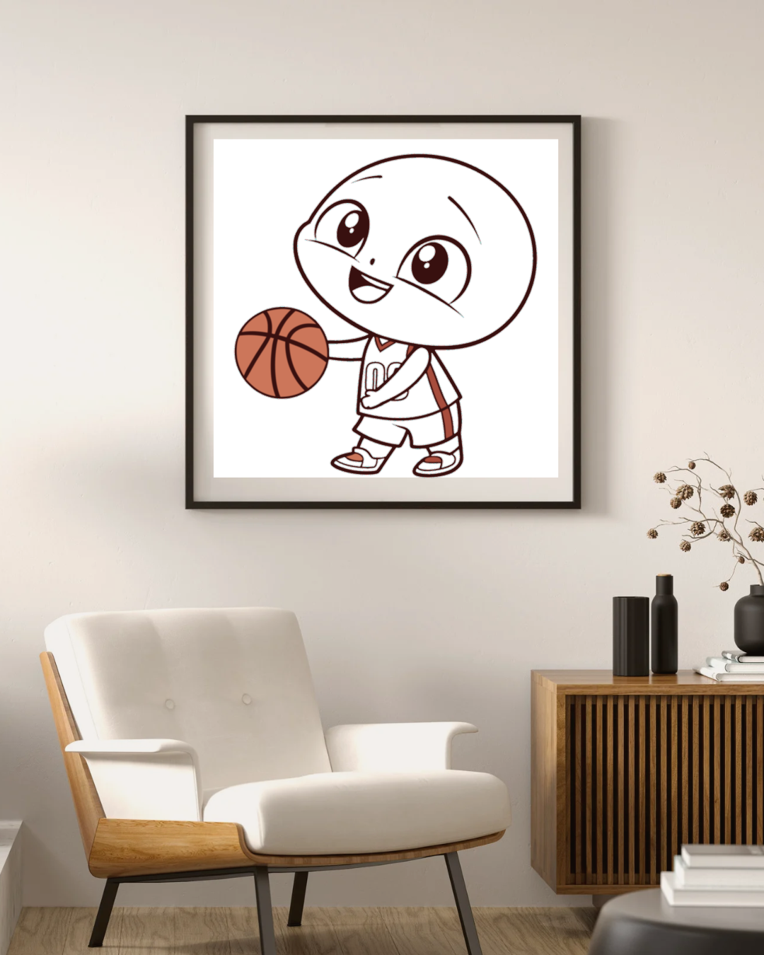 Cadre décoratif avec un joueur de basket kawaii ajoutant une touche sportive enjouée