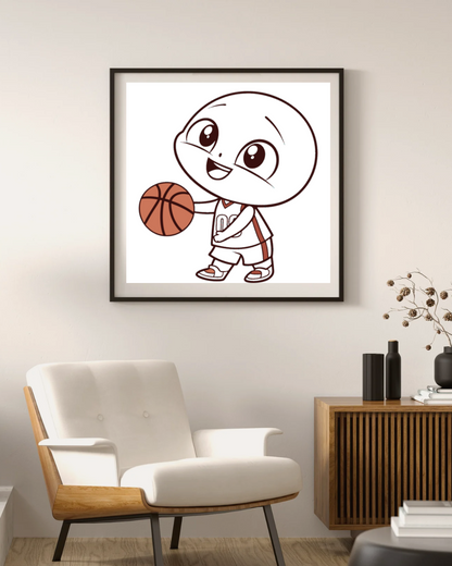 Cadre décoratif avec un joueur de basket kawaii ajoutant une touche sportive enjouée