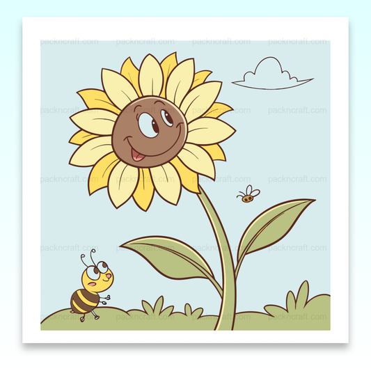 Illustration numérique d'un tournesol souriant avec une abeille, idéale pour projets éducatifs et décoratifs