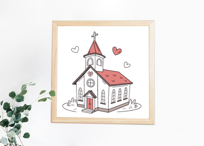 Cadre décoratif avec illustration vectorielle d'une chapelle romantique.