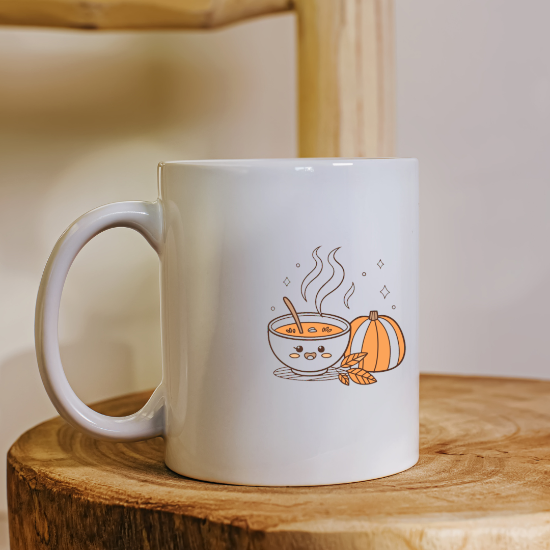 Mug avec design automnal montrant une citrouille kawaii et une soupe rieuse