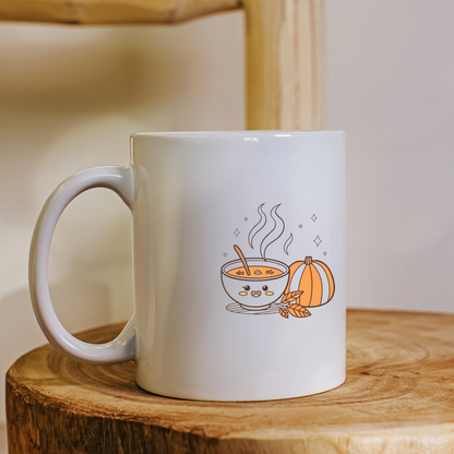 Mug avec design automnal montrant une citrouille kawaii et une soupe rieuse