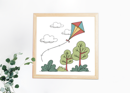 Cadre décoratif avec un cerf-volant coloré sur fond ciel pour une touche outdoor
