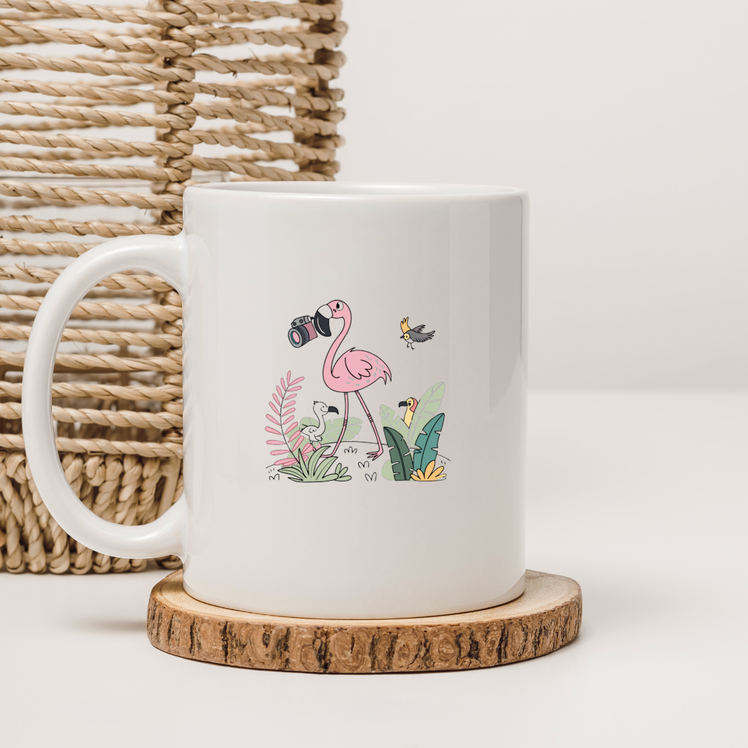 Mug original avec flamant rose stylisé en photographe sur fond jungle coloré