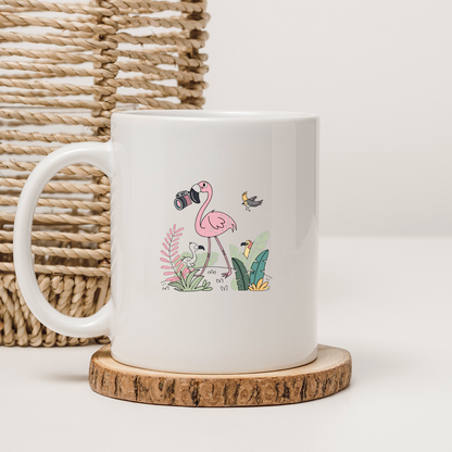 Mug original avec flamant rose stylisé en photographe sur fond jungle coloré
