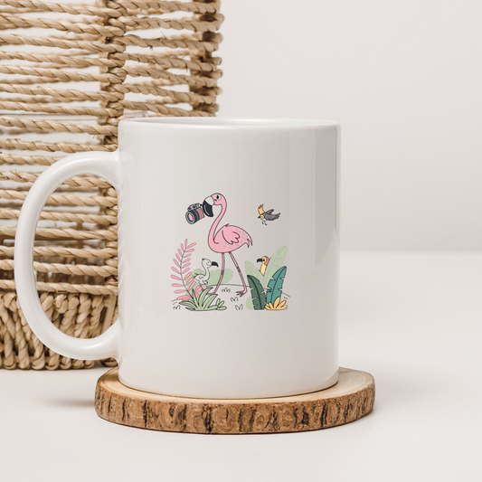Mug original avec flamant rose stylisé en photographe sur fond jungle coloré