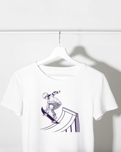 T-shirt urbain avec un skateur exécutant un saut dynamique en style linéaire svg