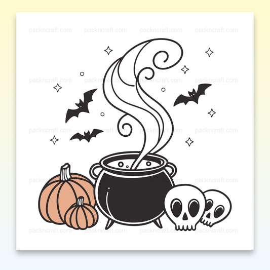 Illustration de chaudron fumant entouré de citrouilles et crânes pour Halloween.