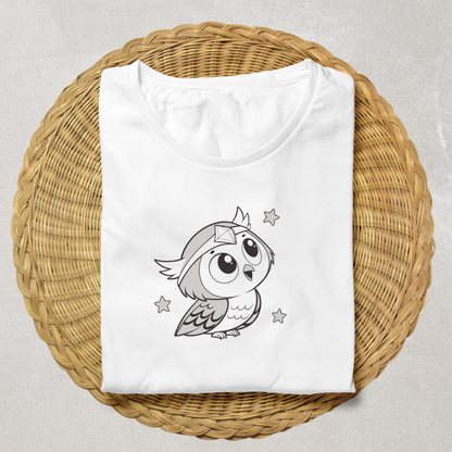 T-shirt avec chouette émerveillée monocouleur sur fond de nuit enchantée