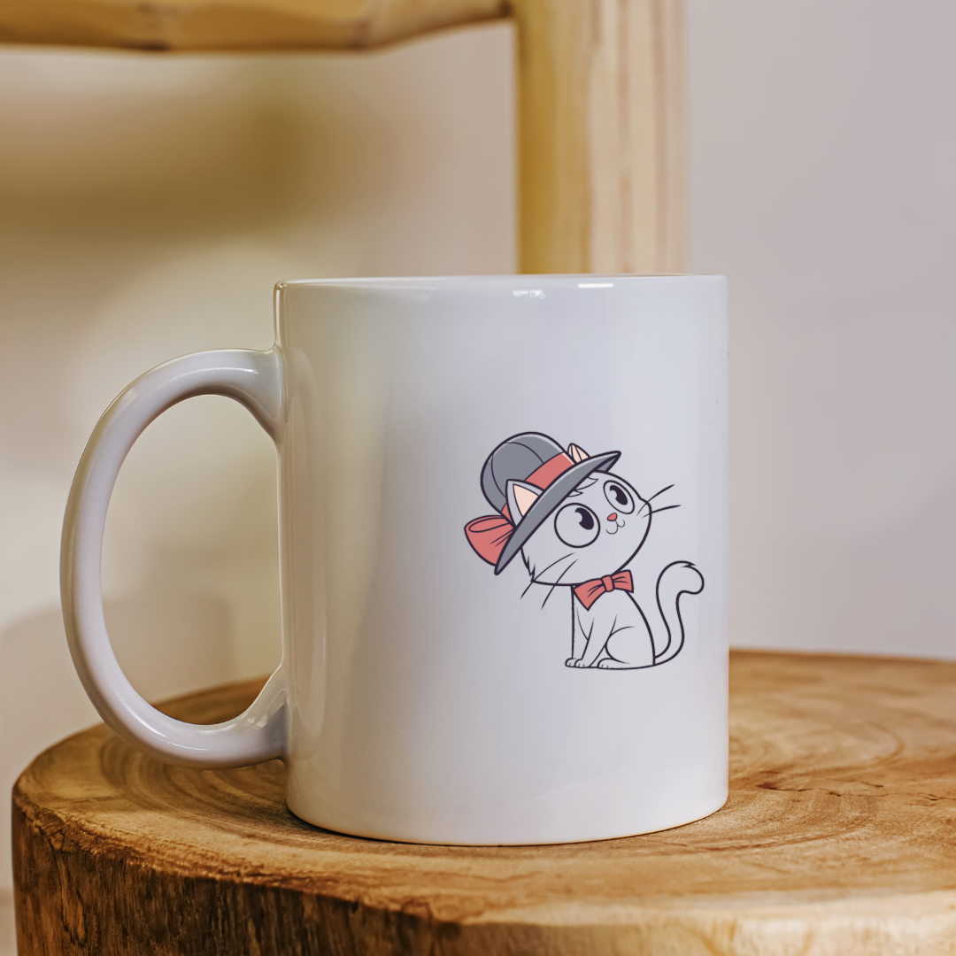Mug avec chat en chapeau style cartoon élégant