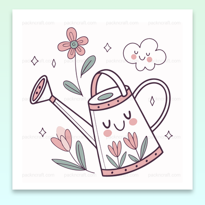 Arrosoir joyeux et fleurs avec style pastel pour projets DIY et papeterie