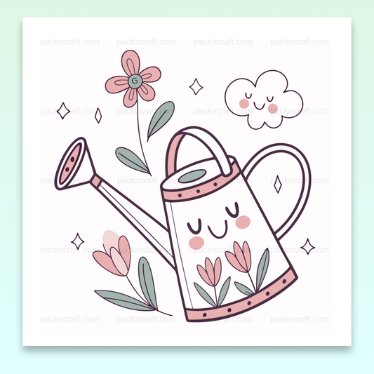 Arrosoir joyeux et fleurs avec style pastel pour projets DIY et papeterie
