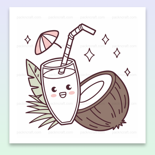 Illustration couleur d'un verre joyeux avec des éléments tropicaux autour.